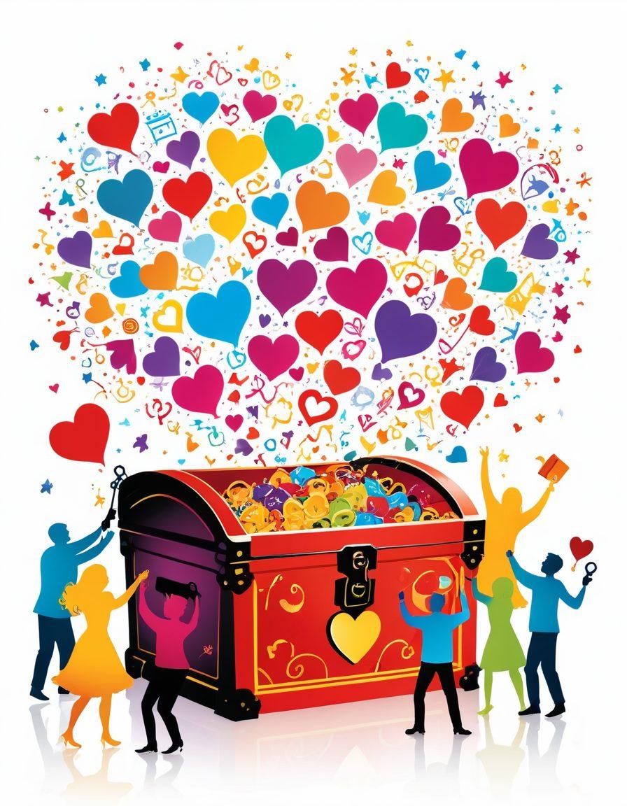 A vibrant illustration of a colorful key unlocking a treasure chest, spilling out whimsical symbols representing joy and pleasure like hearts, laughter, and sparkles, with a soft-focus background featuring silhouettes of people celebrating. The colors are bright and inviting, radiating happiness and excitement. surreal style. vibrant colors. white background.