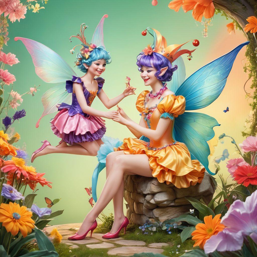 A whimsical illustration depicting a playful scene with various adult-themed items scattered around in a light-hearted, colorful manner. Include elements of transition from mischievous to charming, with cartoon-style characters personifying playful pleasure, such as a cheeky jester and a graceful fairy. The background should be a soft, inviting gradient that enhances the lightness of the theme. vibrant colors. cartoon style.